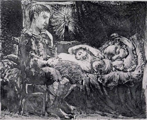 Boy Watching Sleeping Woman by Candlelight